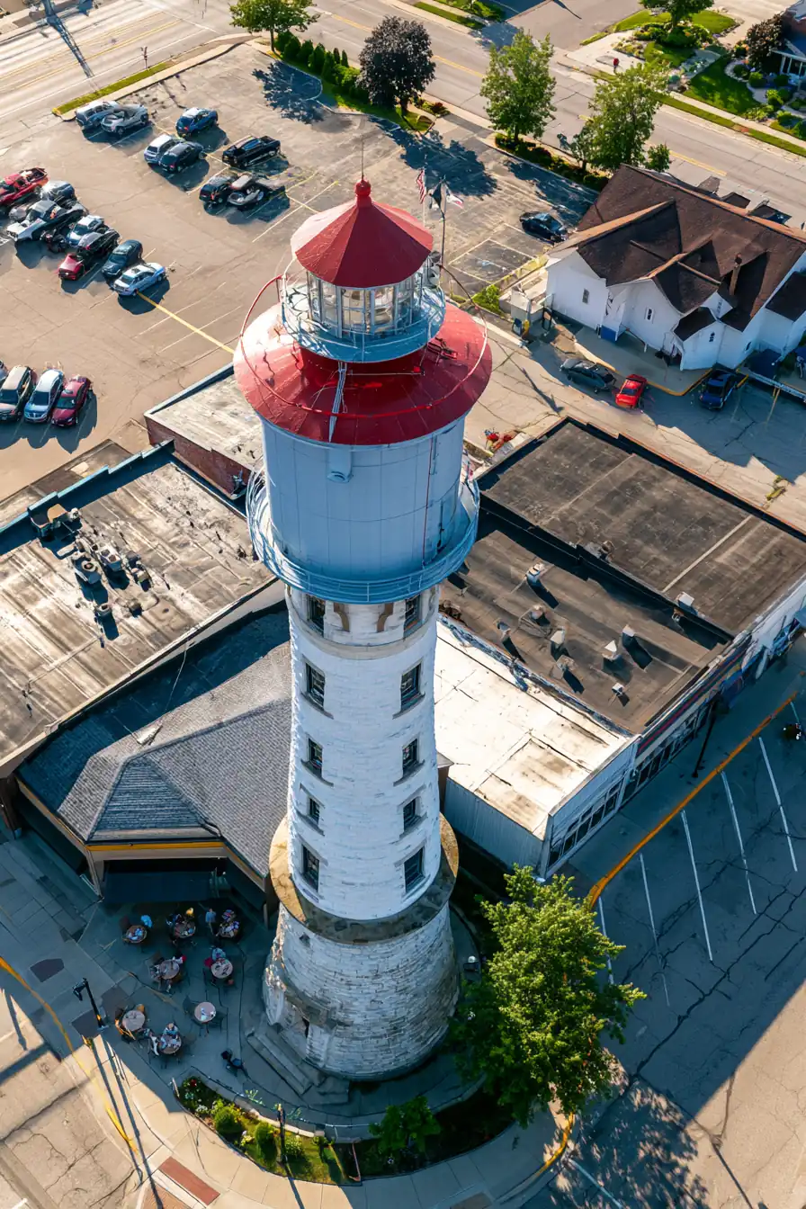 Small-town water tower rising above a café street corner