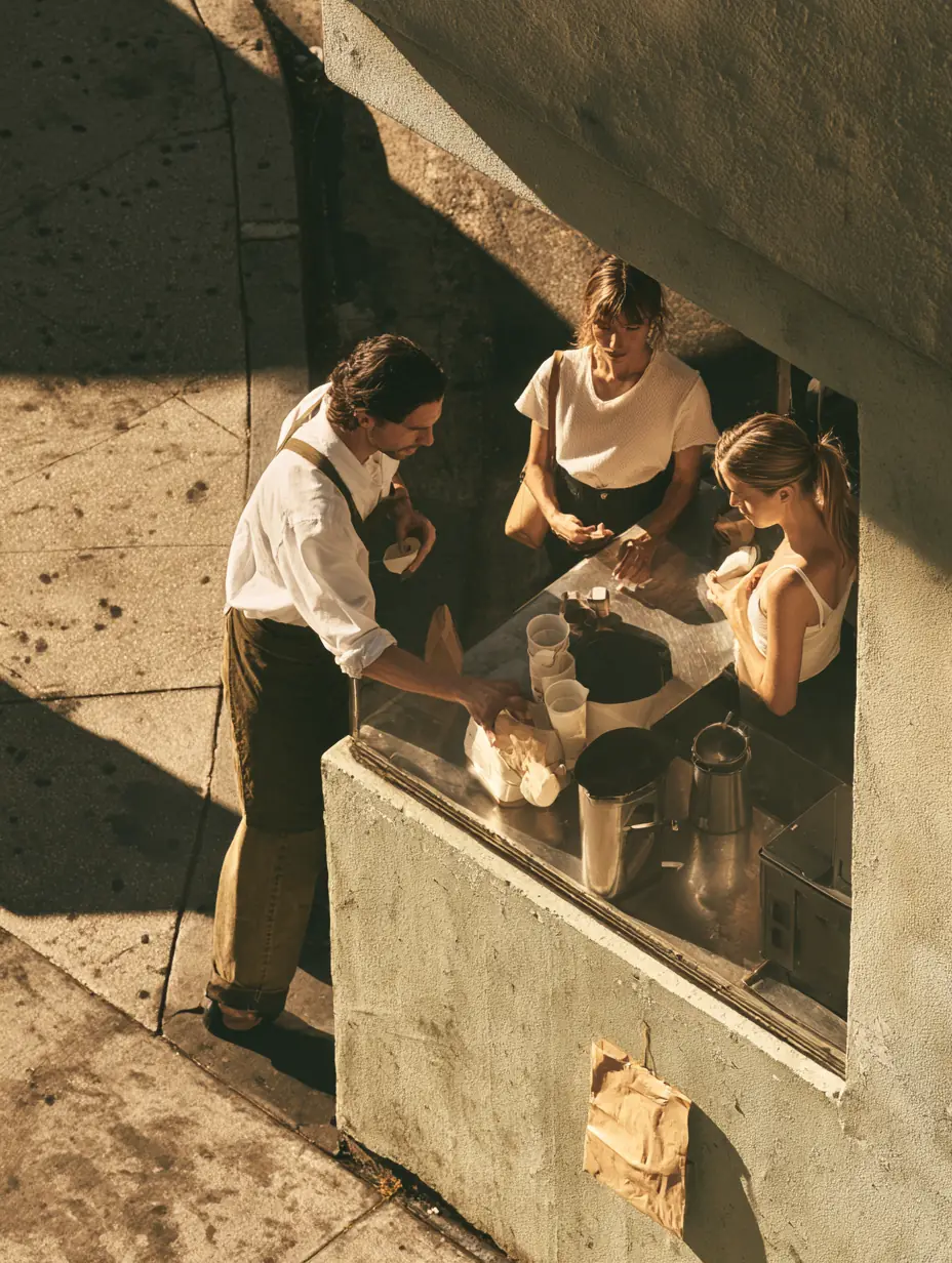 Barista handing morning coffee through a walk-up window
