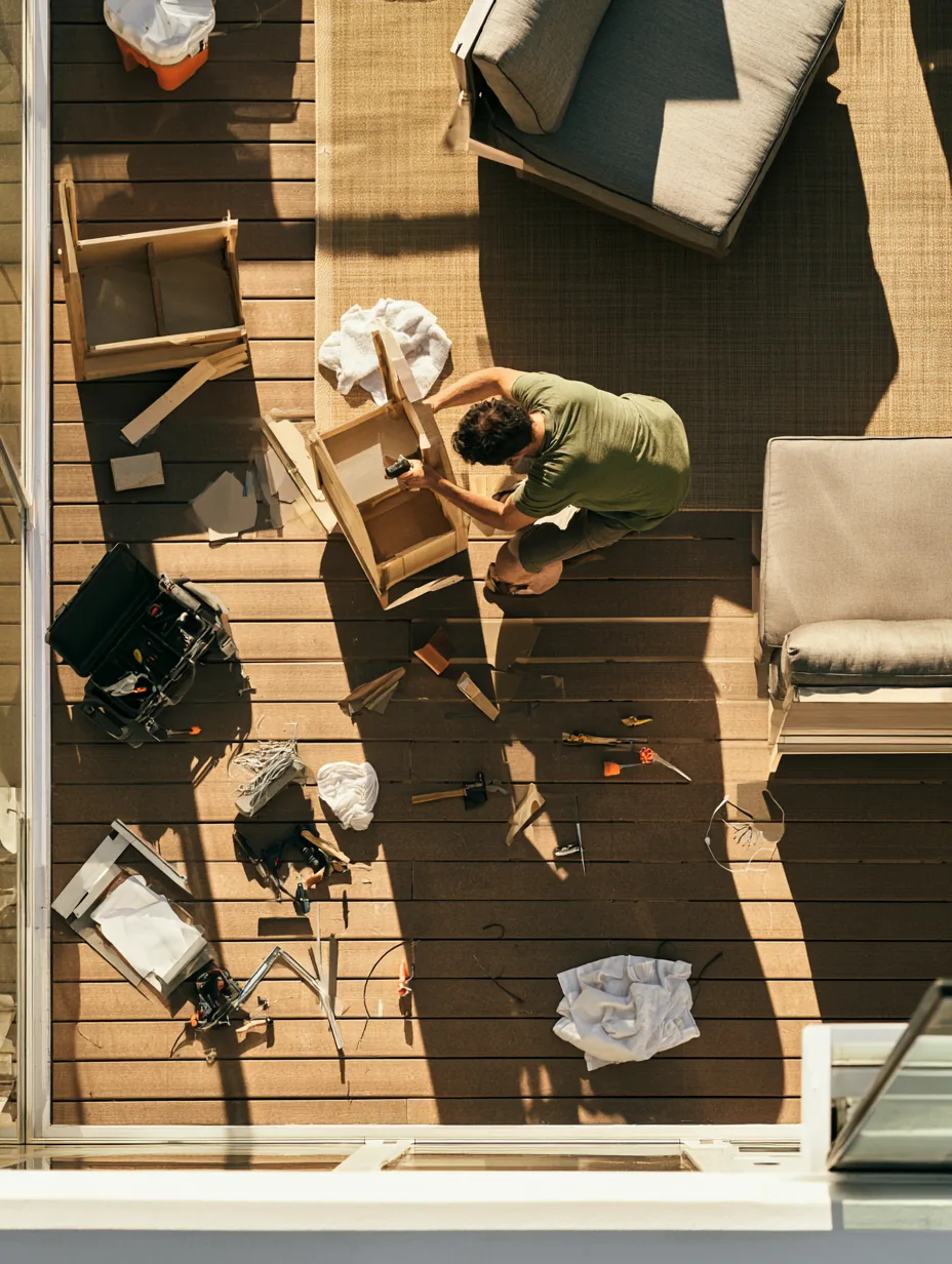 Young man assembling furniture on a sunny apartment terrace